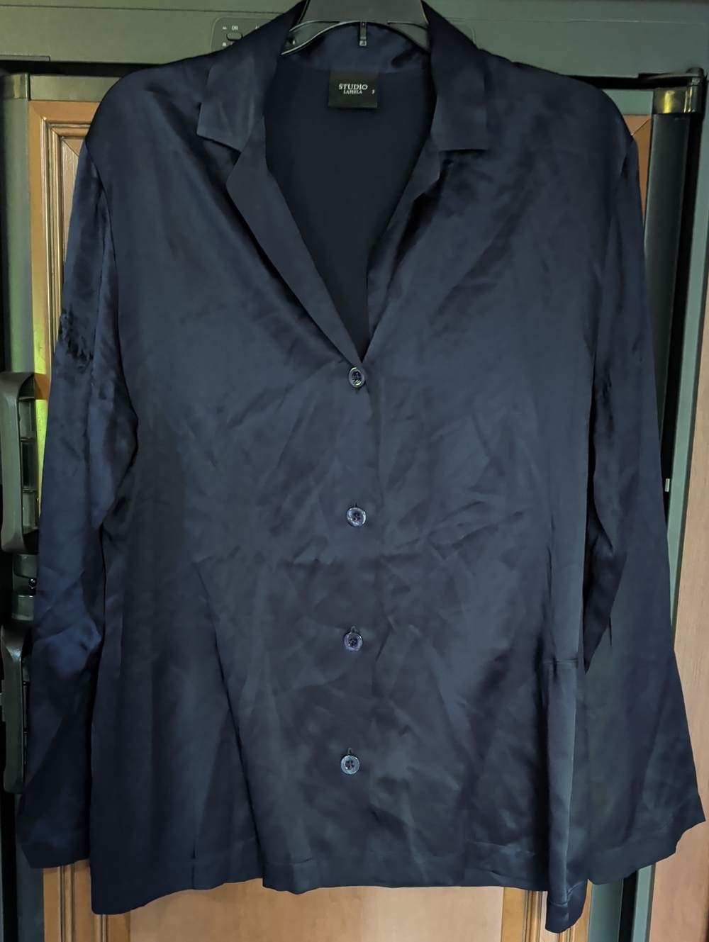 La Perla Silk Navy Button-Up Satin Sleep Shirt